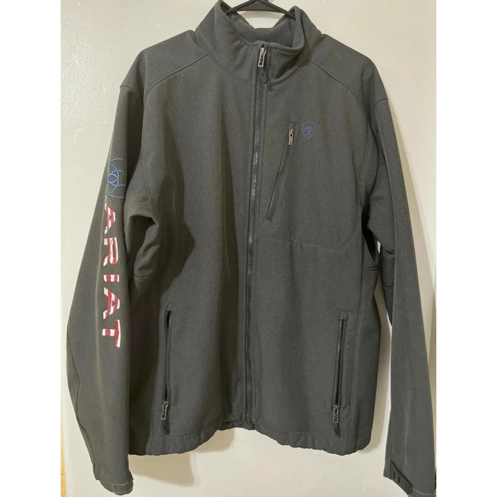 Ariat Men's Gray Softshell Full Zip Jacket Size L Water Resistant USA Flag Back
